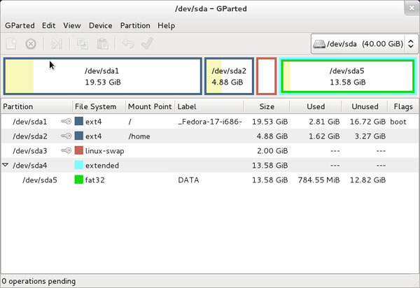 GParted di Fedora 17 GParted di Fedora 17